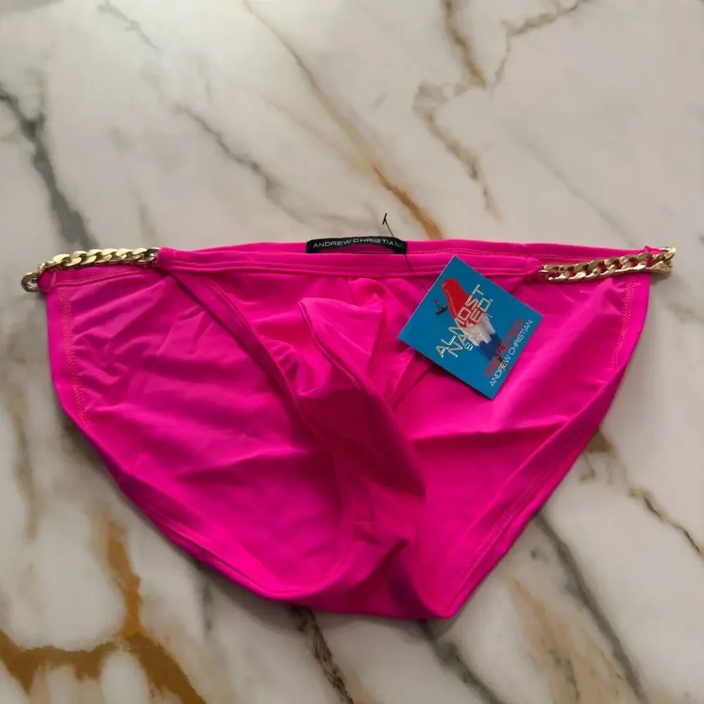 NEW Andrew Christian Chain Bikini Swim Bikini Fuchsia Pink Size Large